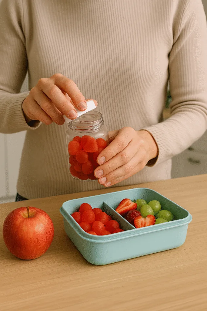 Lunchbox with protein pills, protein gummies, and healthy snacks for kids